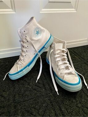 Converse White High Top Sneakers with Blue Trim